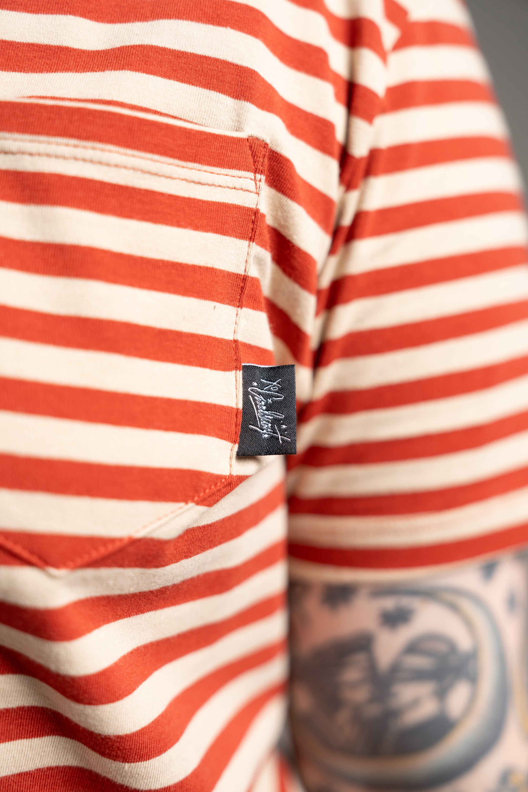 The Tommy Striped Pocket Tee - Tan/Red