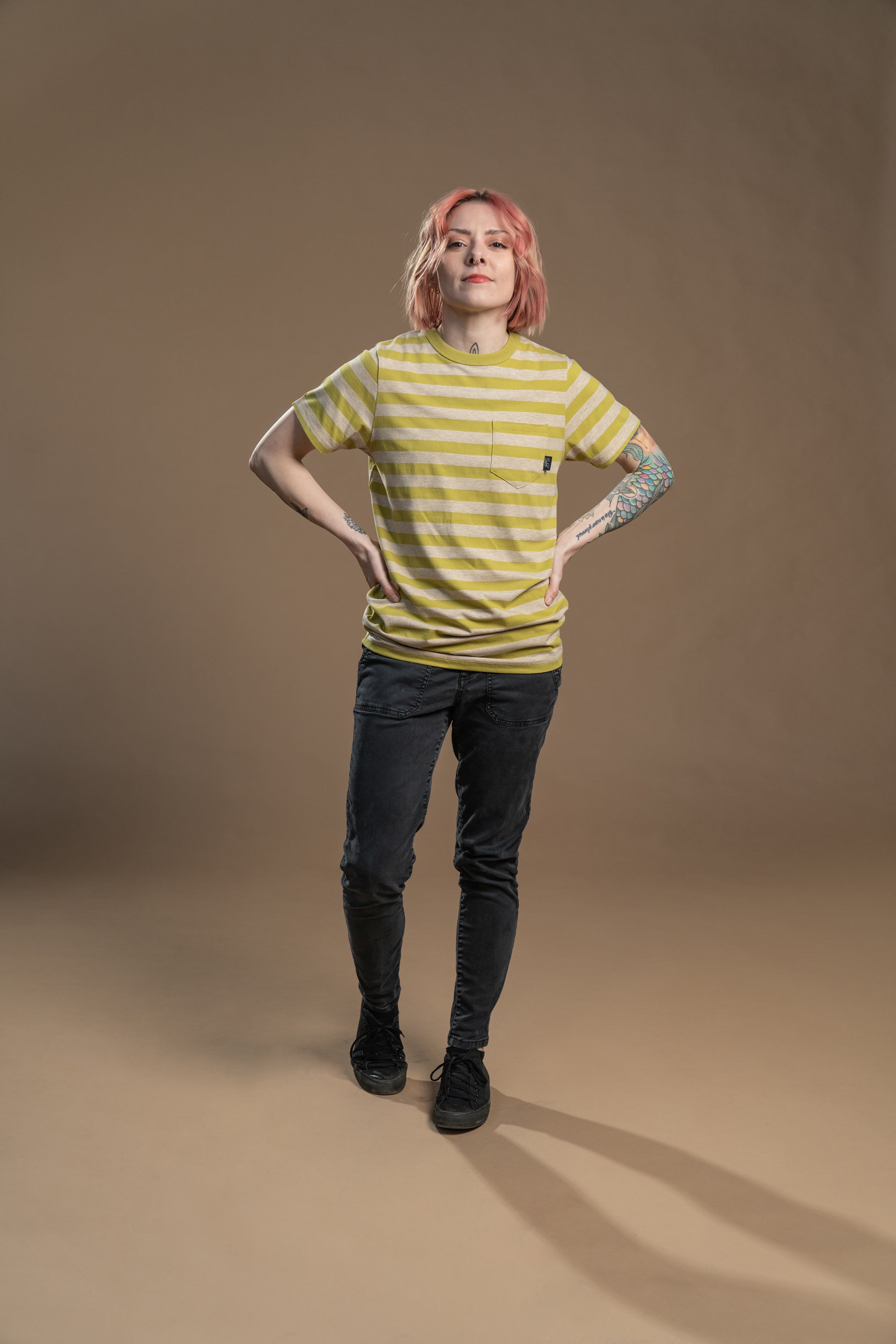 The Tommy Striped Pocket Tee - Lime/Grey