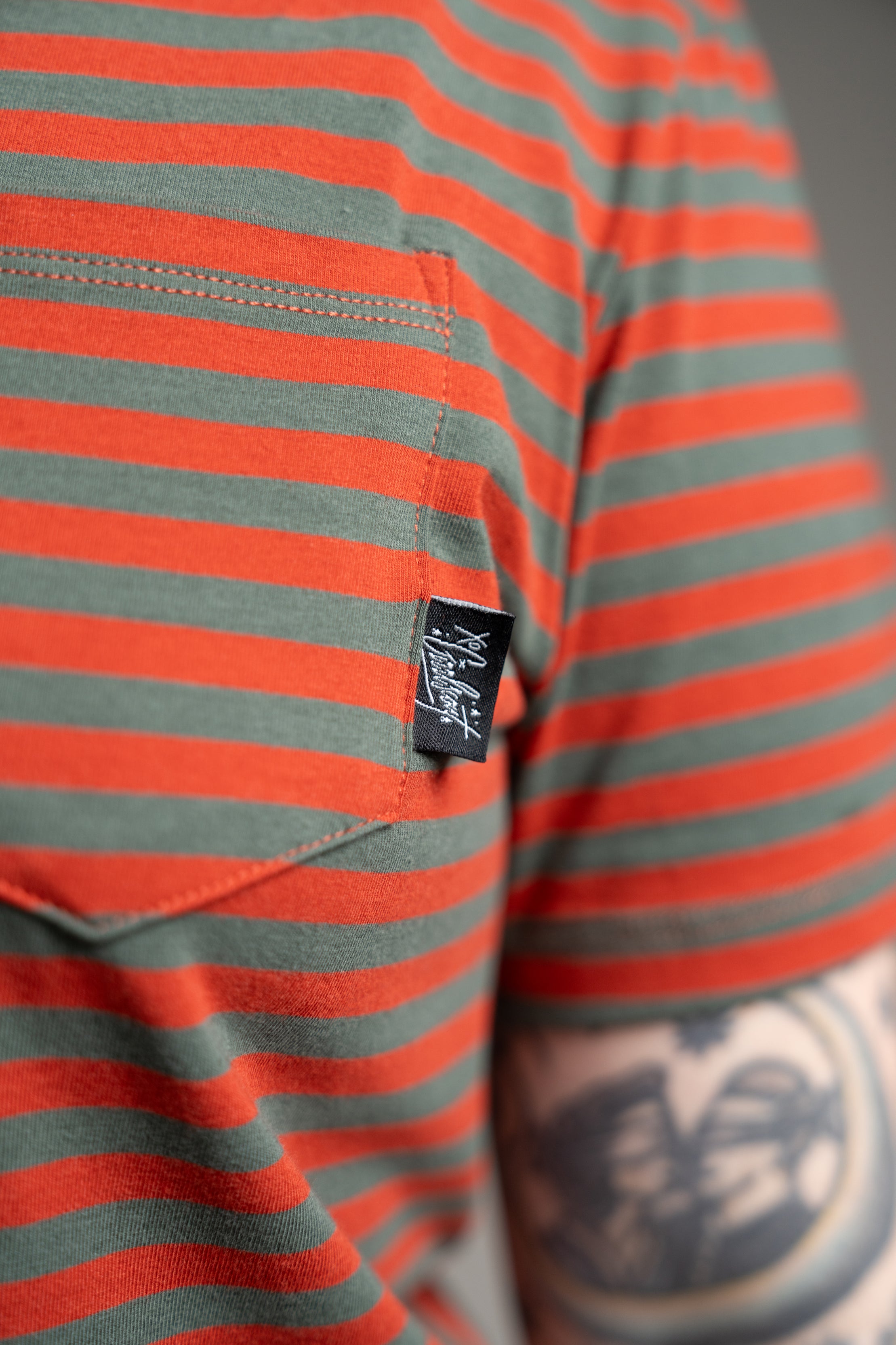 The Tommy Striped Pocket Tee - Grey/Red