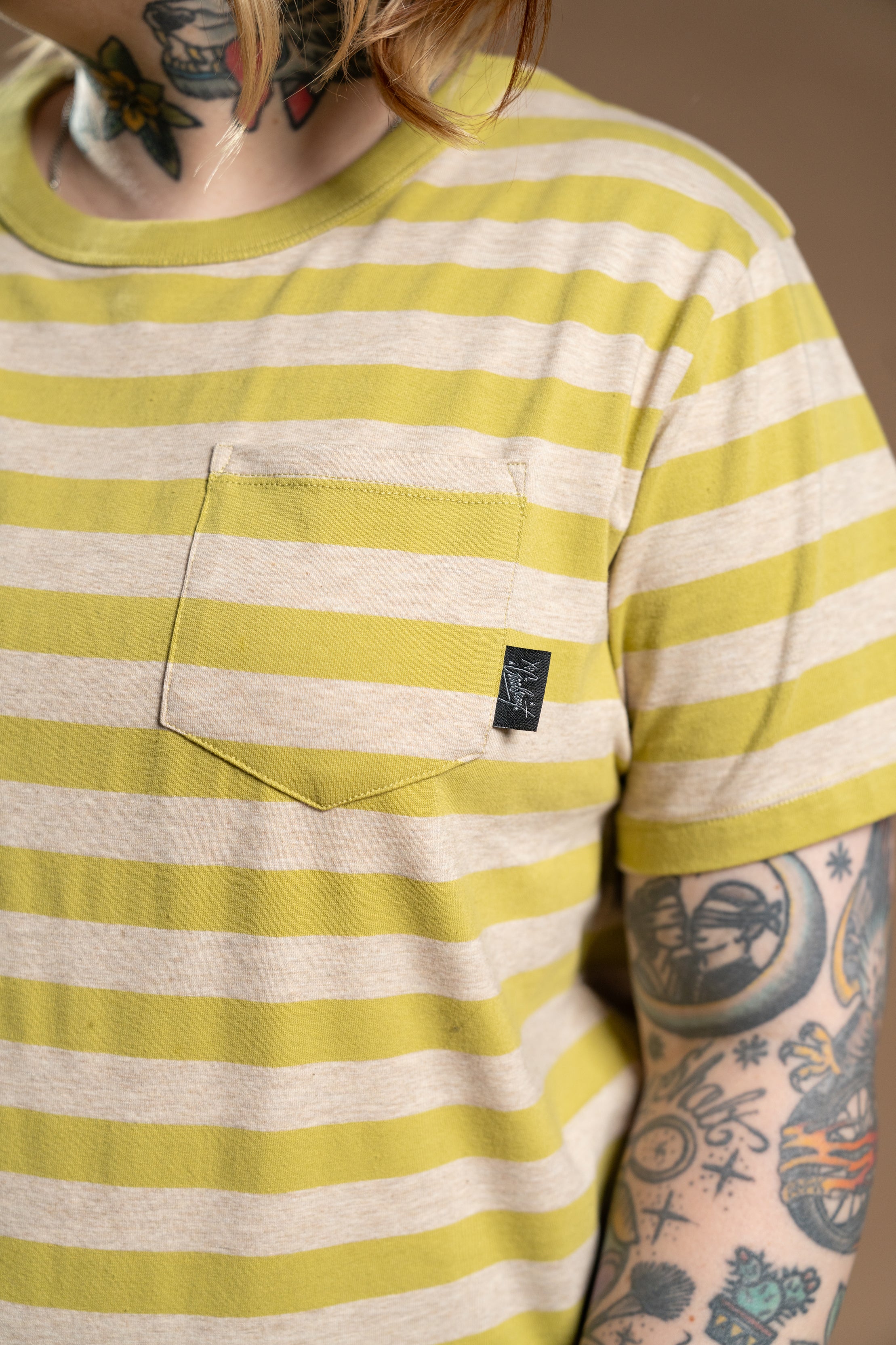 The Tommy Striped Pocket Tee - Lime/Grey