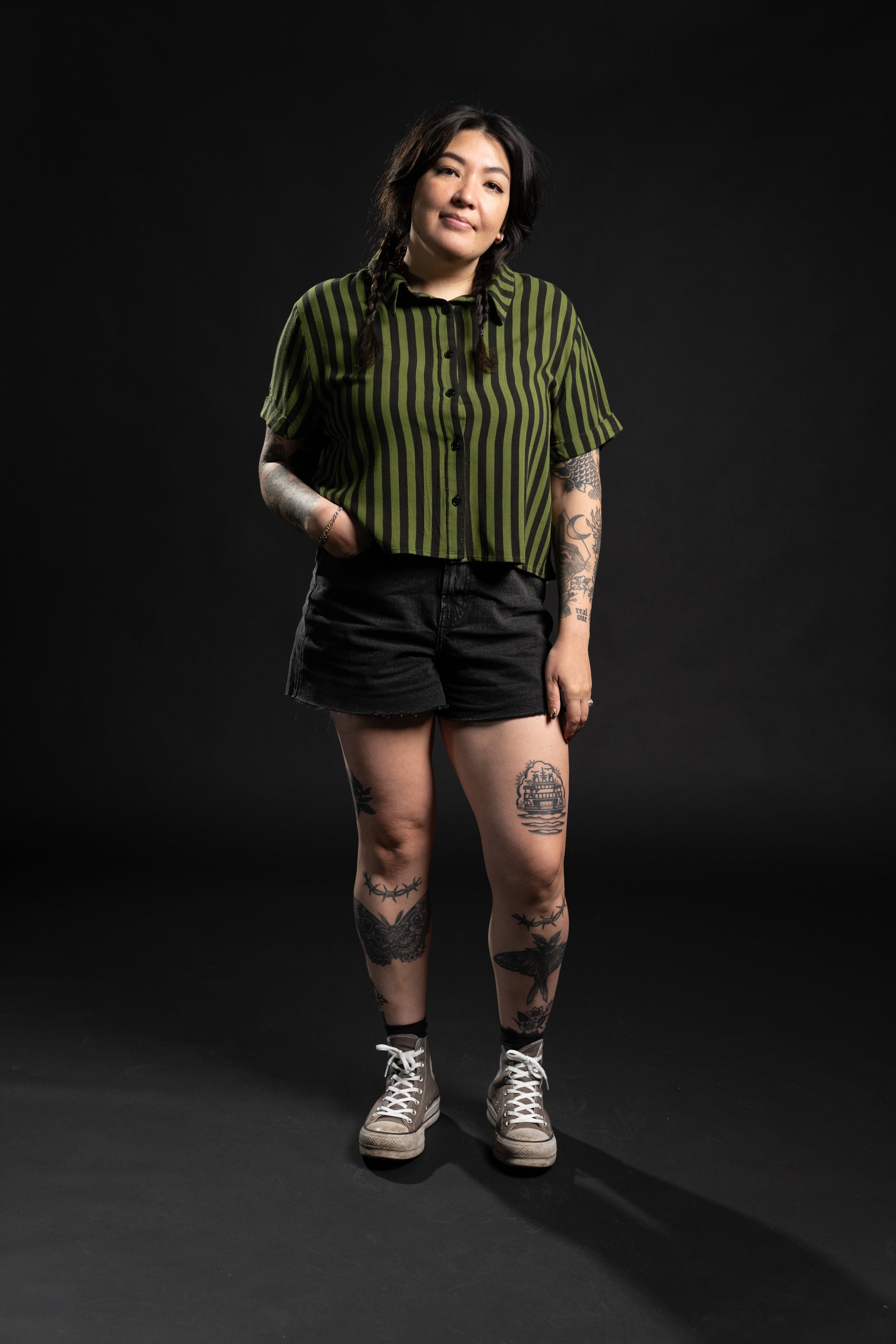 Cropped Adrian Linen Shirt - Green Stripe