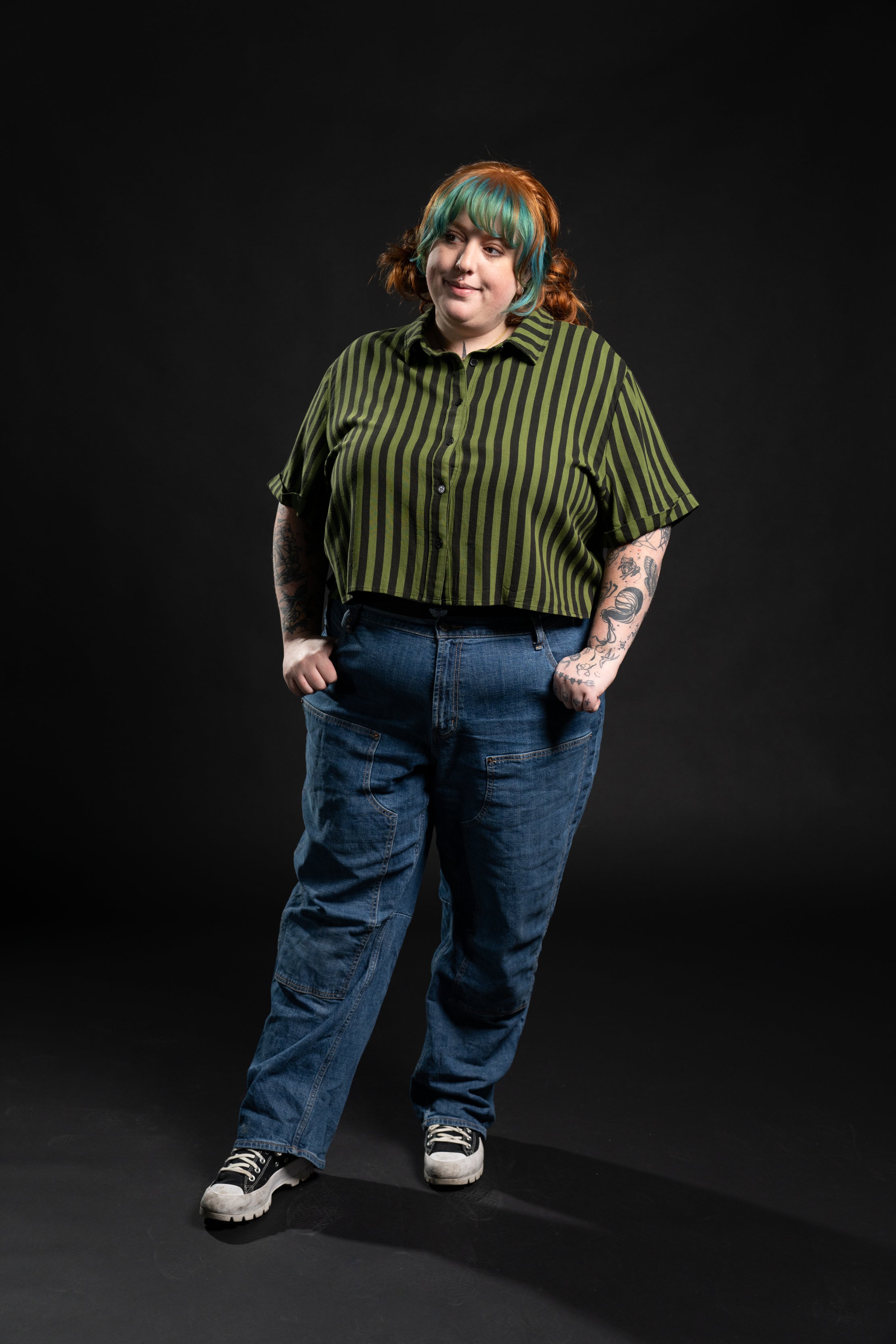 Cropped Adrian Linen Shirt - Green Stripe